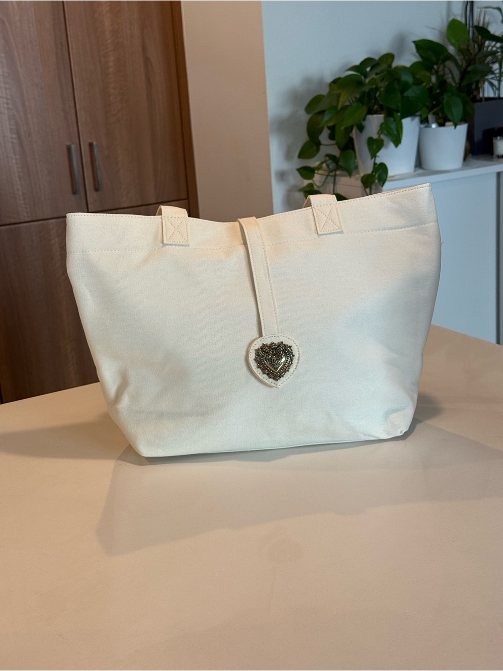 D  &  G  Canvas Tote Bag with Heart Charm - White
